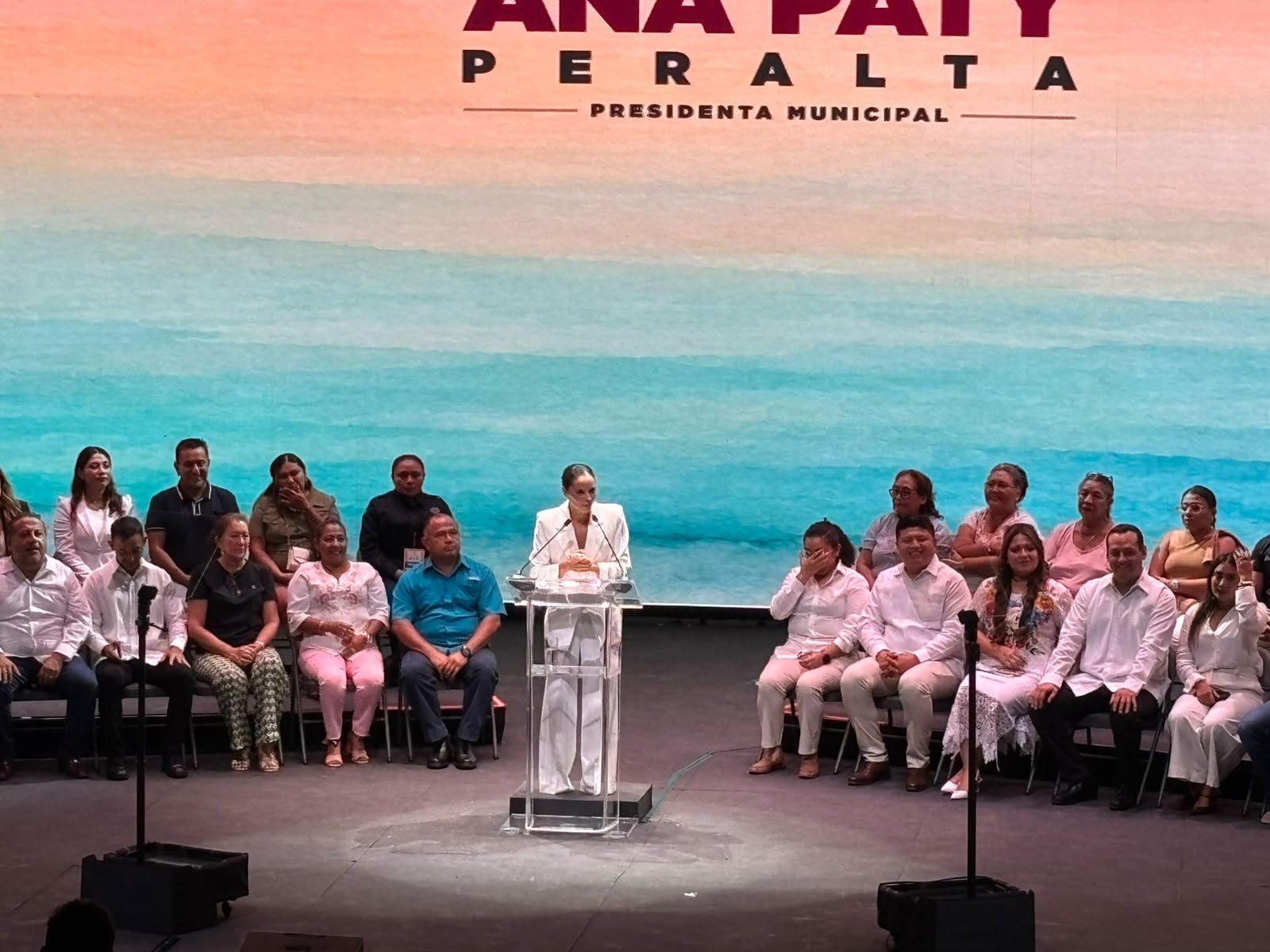 Cancún Mayor Ana Paty Peralta speaking during her second government report in Benito Juárez, Quintana Roo