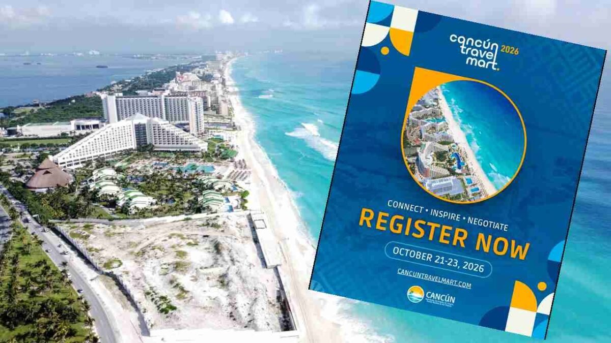 Promotional artwork for Cancun Travel Mart 2026, a tourism industry event in Cancun, Mexico.