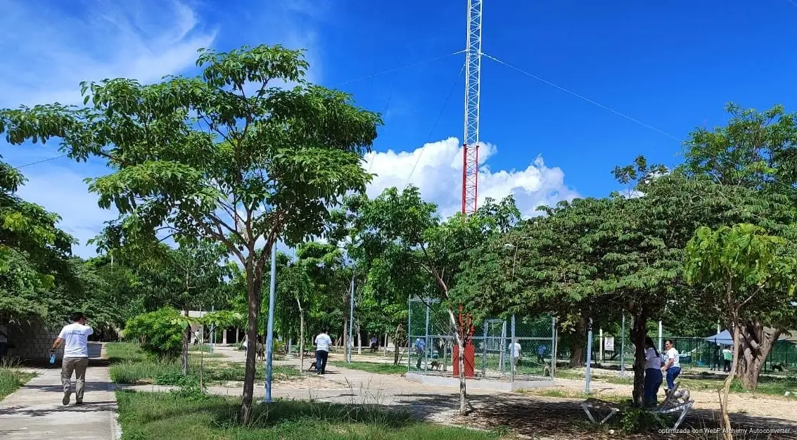 A person in a municipal uniform cleans the grounds outside the Cencaaz animal control center in Playa del Carmen