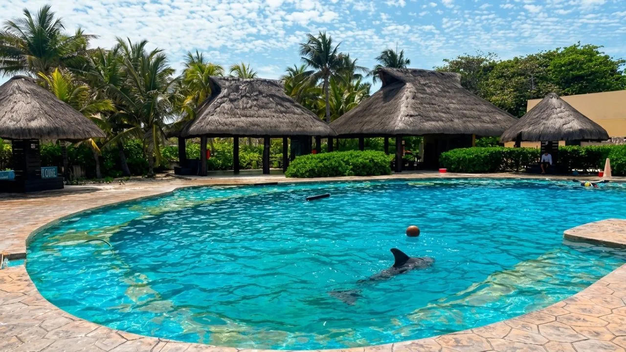 A dolphin swims in a pool at Ventura Park in Cancun, Quintana Roo