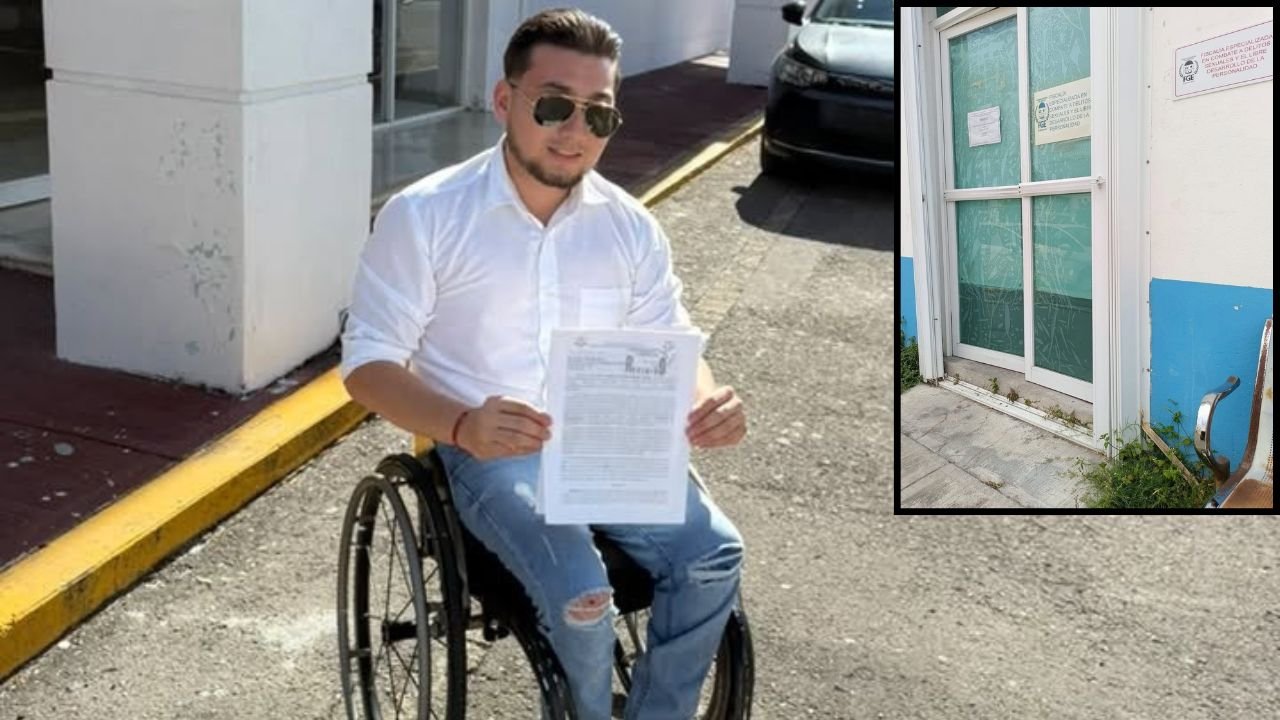 Activist Arnold Stivens outside the Quintana Roo State Prosecutor's Office building in Chetumal