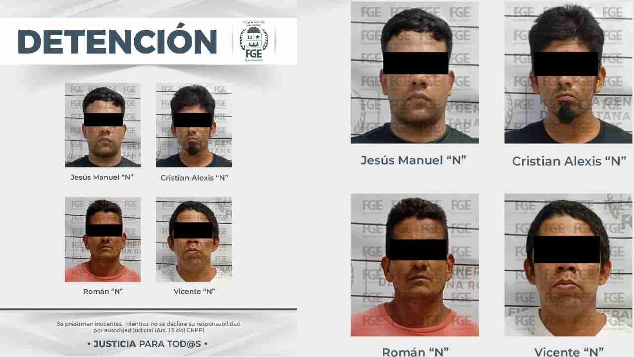 Four detained suspects presented by authorities following a kidnapping investigation in Playa del Carmen, Quintana Roo