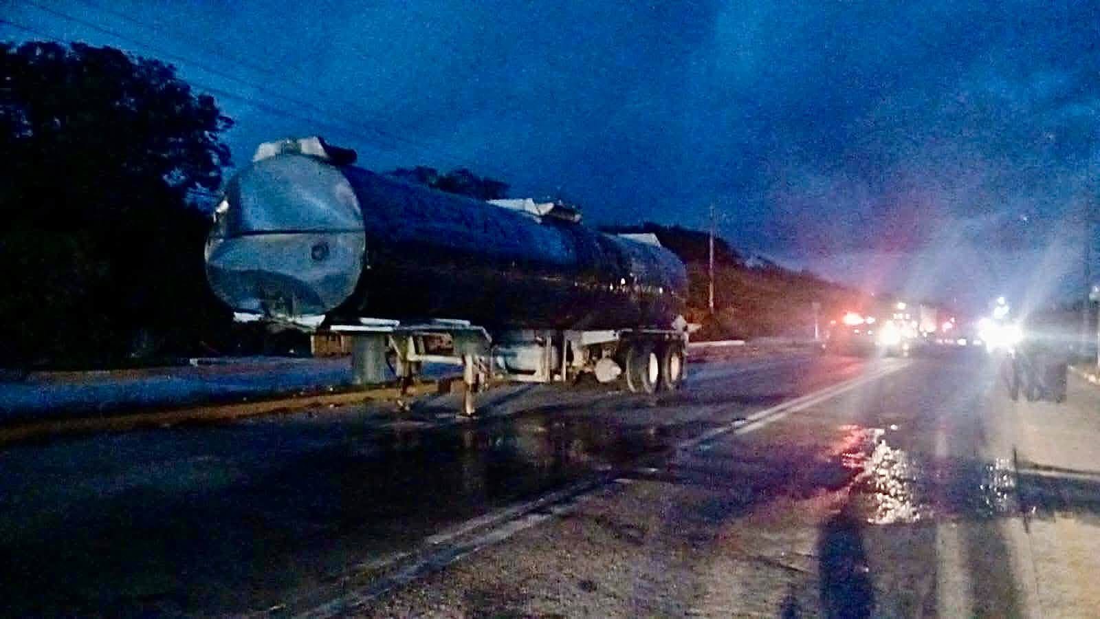 Emergency crews and firefighters working to extinguish a burning fuel tanker truck on Federal Highway 307 near the north access to Tulum, Quintana Roo