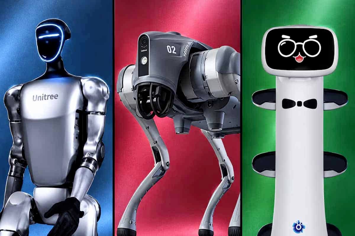 A humanoid robot standing beside a quadruped robot in a showroom setting