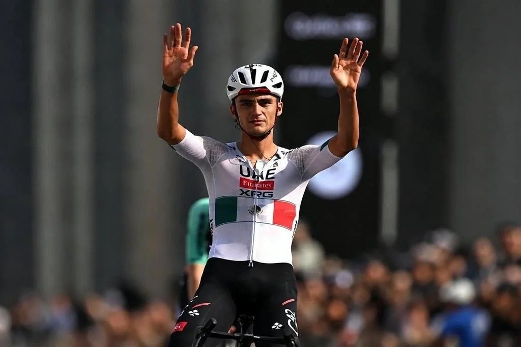 Mexican cyclist Isaac Del Toro racing to victory at the Montreal Grand Prix in Canada