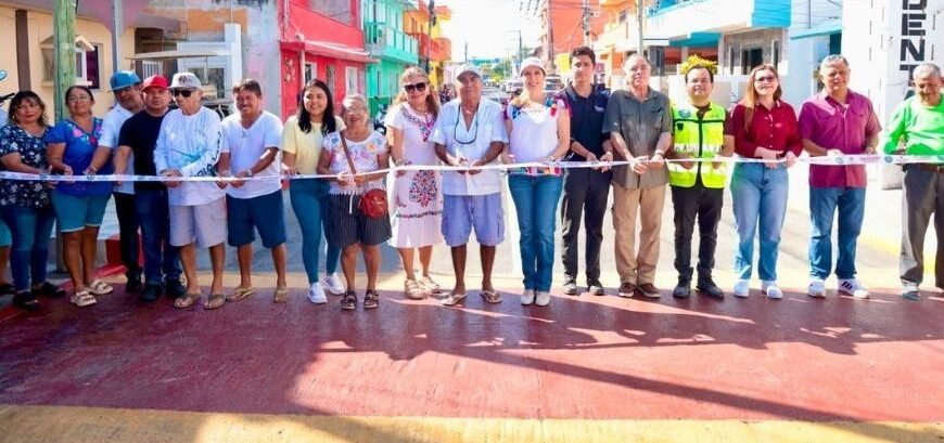 Newly renovated Jesus Martinez Ross Avenue in Isla Mujeres with fresh pavement, sidewalks and traffic signs.