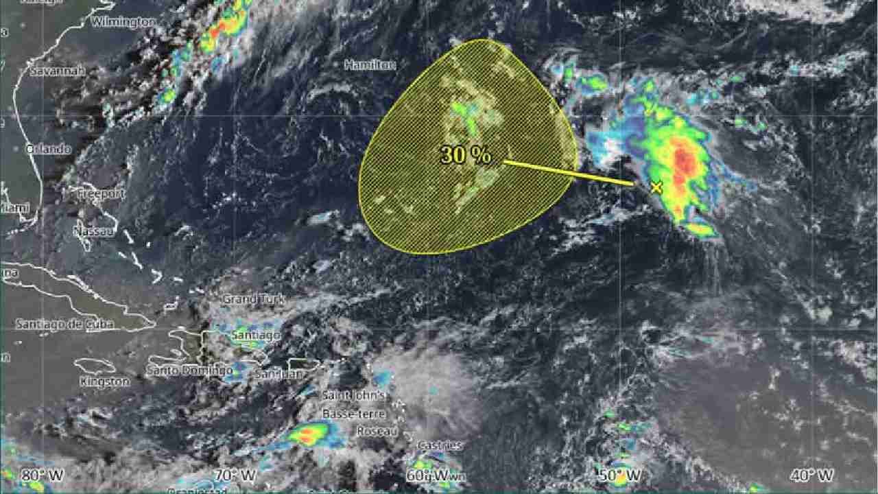 Satellite view of the Central Atlantic Ocean where a low-pressure area is being monitored for possible cyclonic development