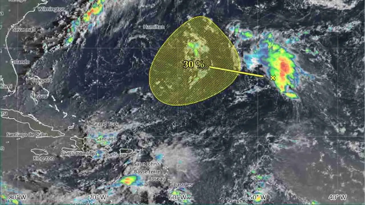 Satellite view of the Central Atlantic Ocean where a low-pressure area is being monitored for possible cyclonic development