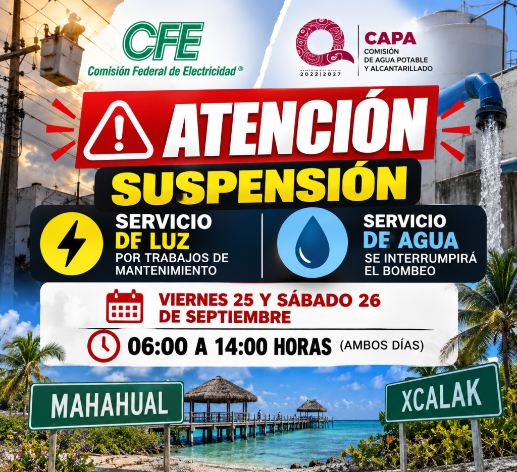 Coastal view of the Caribbean shoreline near Mahahual and Xcalak in Quintana Roo, where scheduled power and water outages will take place