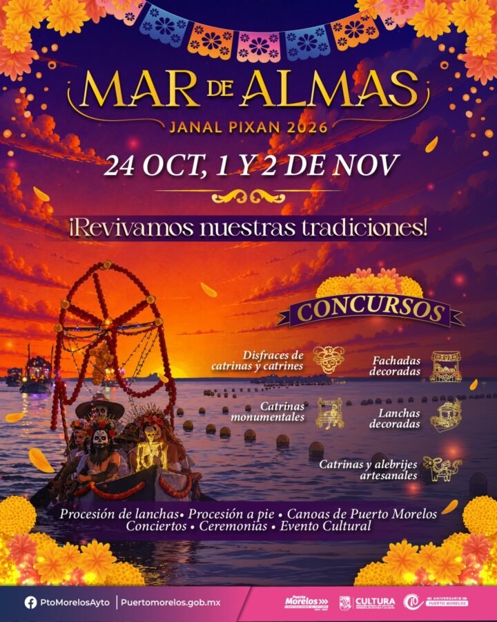 Day of the Dead decorations and decorated boats at the Mar de Almas Janal Pixan 2026 festival in Puerto Morelos