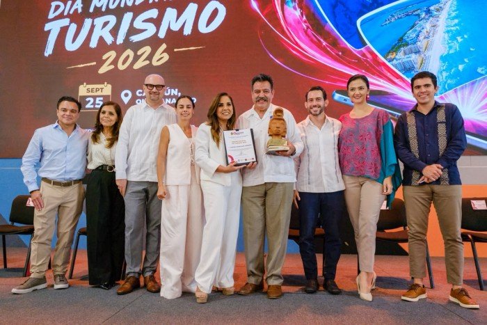 Quintana Roo Governor Mara Lezama speaks at the presentation of the 2050 Sustainable Tourism Master Plan in Cancún