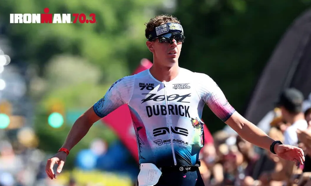 American triathlete Marc Dubrick celebrates his wire-to-wire victory at Ironman 70.3 Cozumel