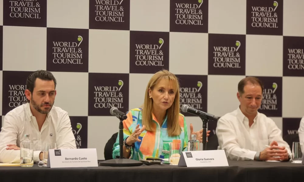 WTTC President and CEO Gloria Guevara Manzo presents new tourism rankings during an event in Cancún, Mexico.