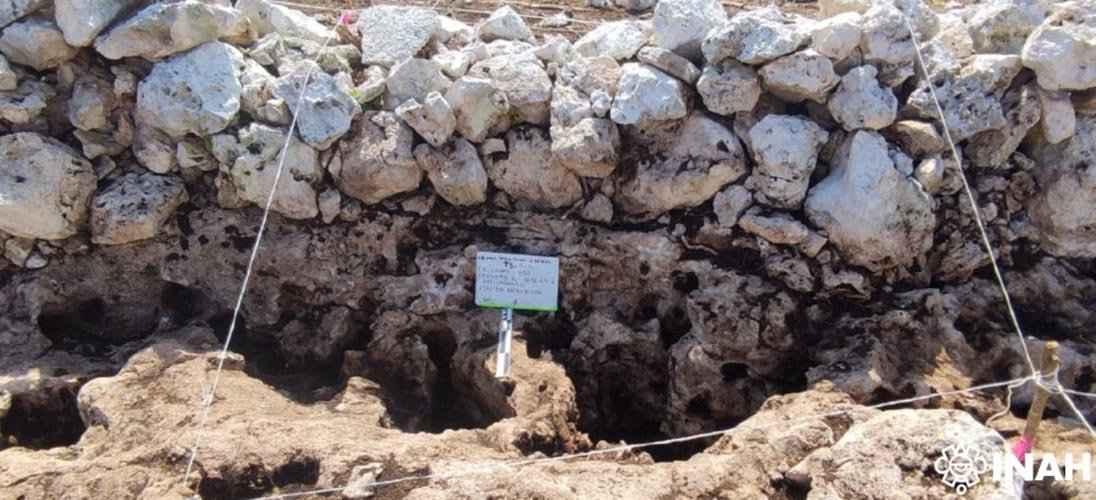 Stone walls and foundations of a pre-Hispanic Maya bee house excavated near Tulum in Quintana Roo