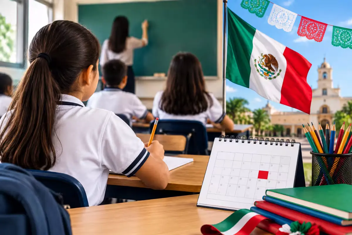 Parents and students walking outside a school in Quintana Roo ahead of Mexico's Independence Day holiday