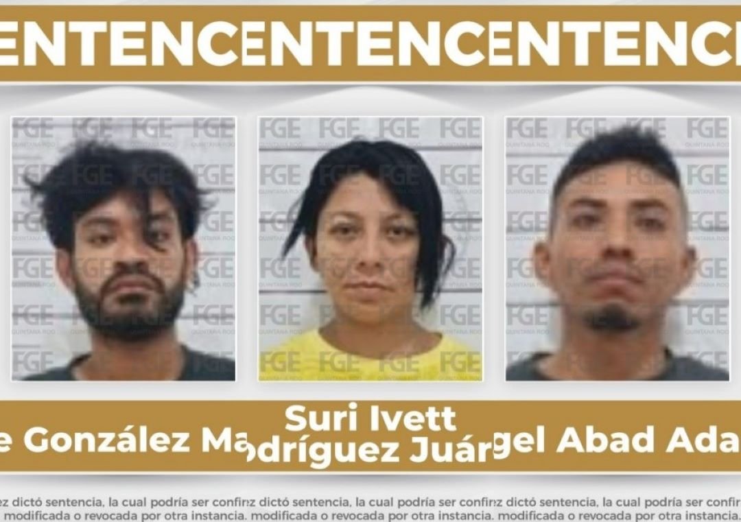 Mugshots of Ángel Abad Adame, Felipe González Magaña and Suri Ivett Rodríguez Juárez, convicted of femicide in Cancún.