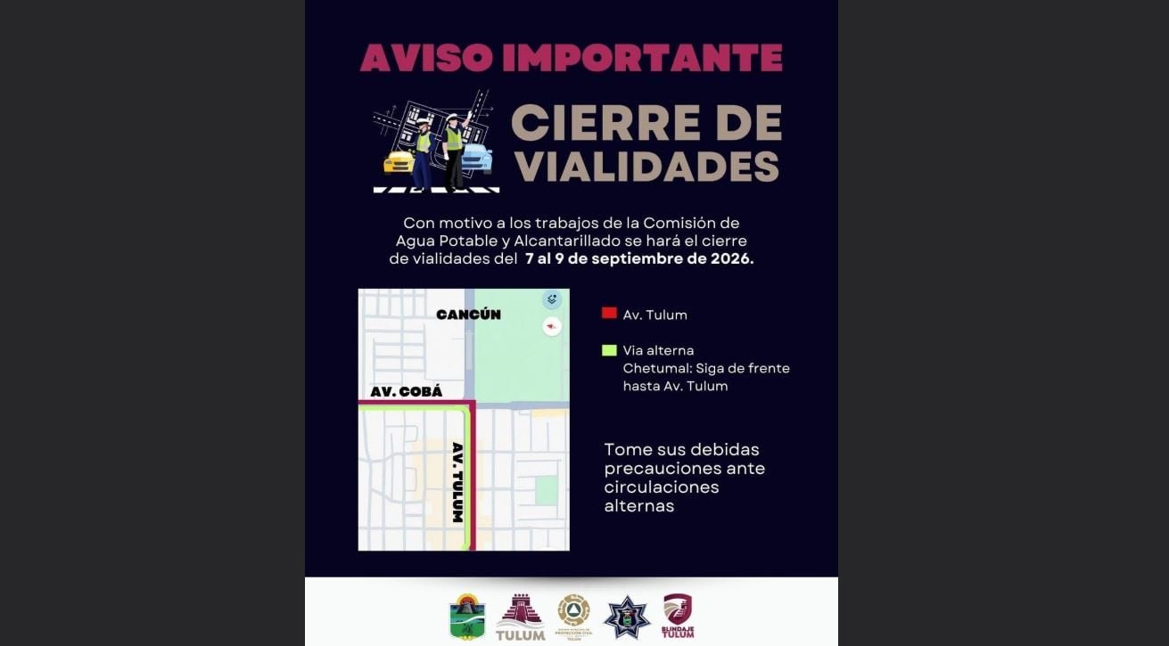 Road closure signs and construction barriers in Tulum where CAPA sewer infrastructure work will take place