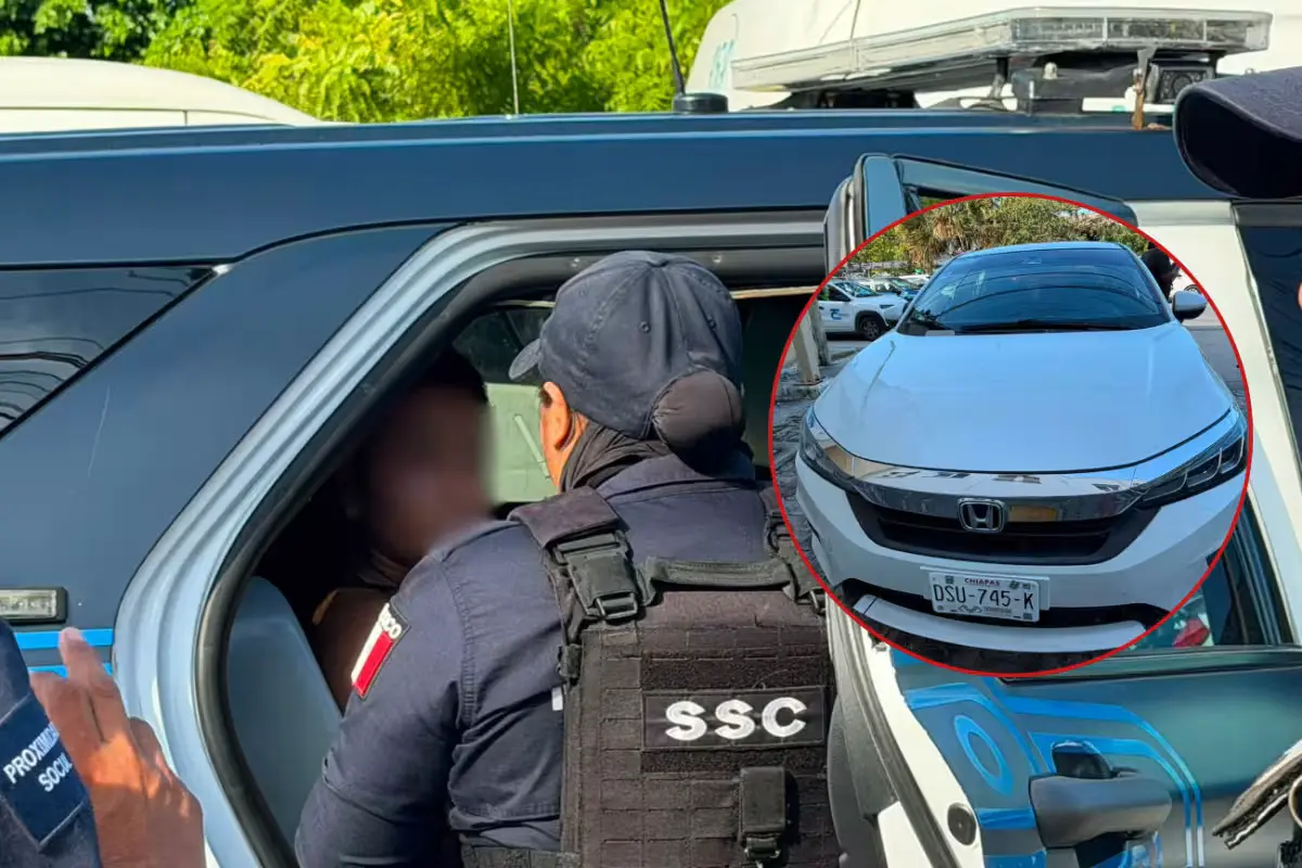 Police officers stand next to two seized vehicles on Avenida Constituyentes in Playa del Carmen after a GPS-tracked rental car was recovered.