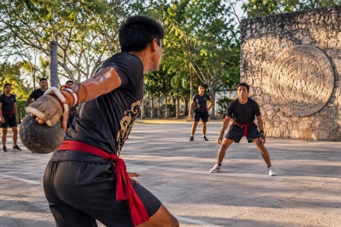 University students practice the Maya ball game during a training session in José María Morelos