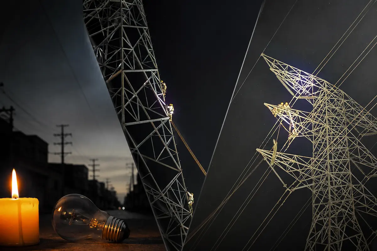 Technicians inspect a damaged insulator string on a 400 kV transmission line after vandalism triggered a power outage in southeastern Mexico.