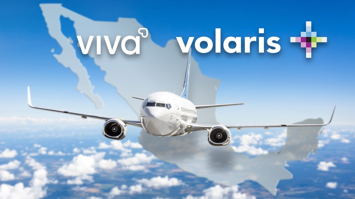 Viva Aerobus and Volaris airplanes parked on a tarmac with a terminal building in the background
