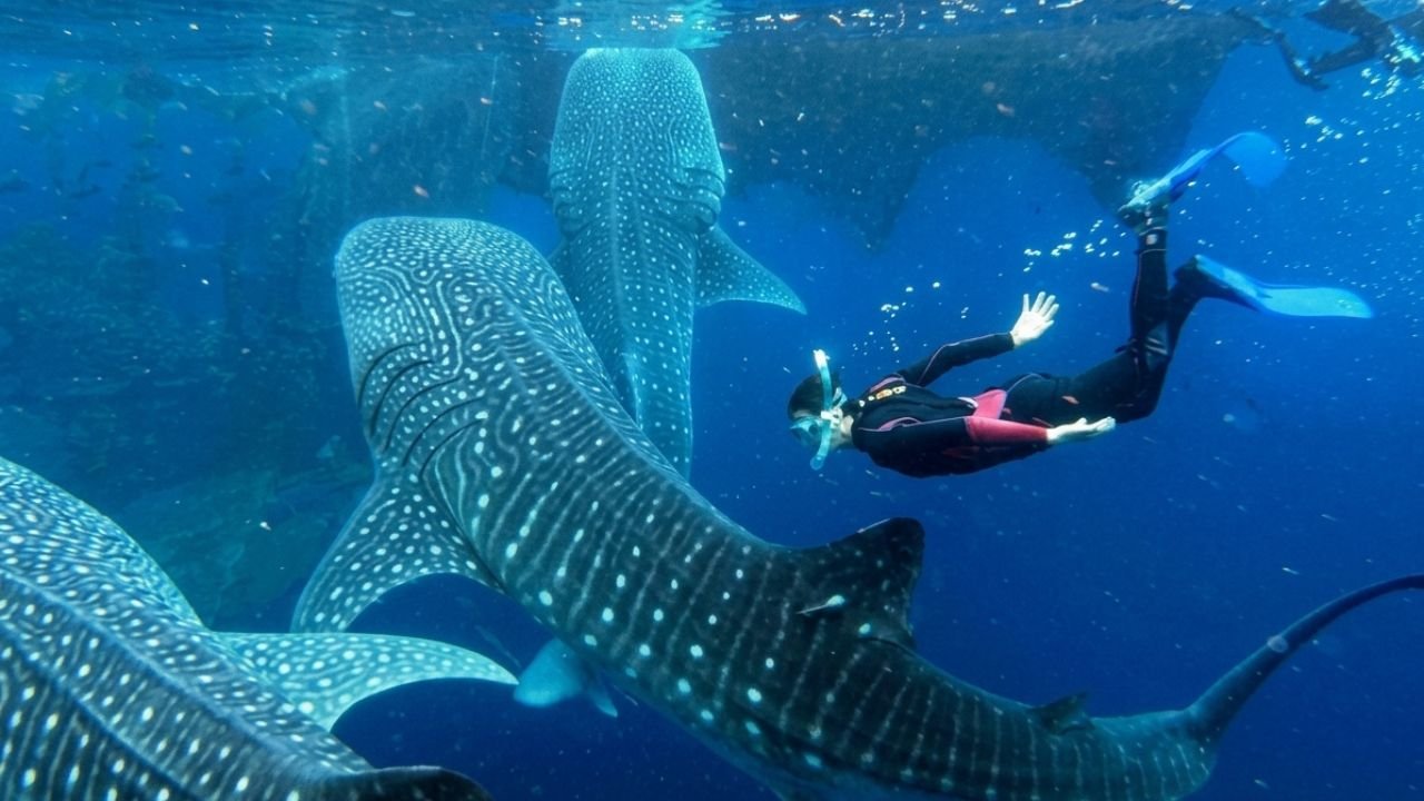A whale shark tour boat carrying visitors in the turquoise waters off Holbox island in Quintana Roo, Mexico