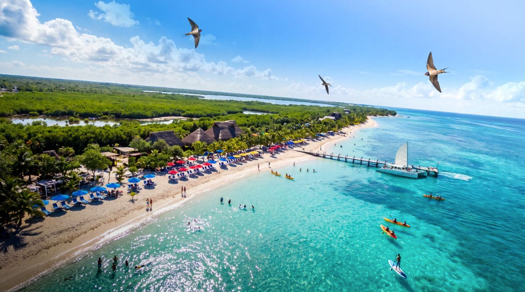 An aerial view shows a sandy beach lined with blue umbrellas and thatched-roof buildings, clear turquoise water with people swimming and kayaking, a wooden pier with a sailboat, and three birds flying in a blue sky above green vegetation.