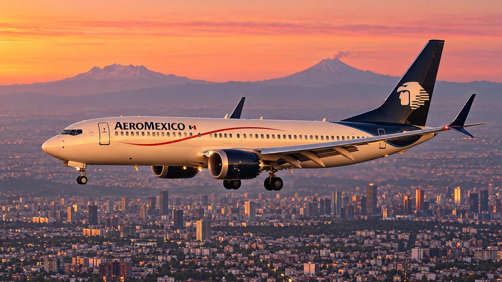 An Aeromexico Boeing 737 airplane flying over a cityscape at sunset with mountains in the background.$# CAPTION
