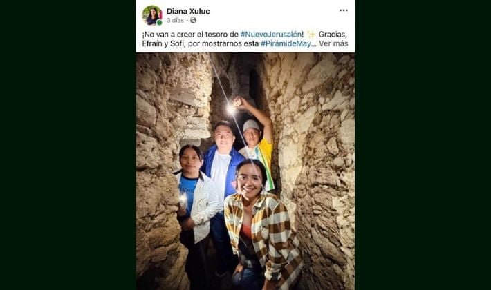 Diana Xuluc, youth director of Bacalar, standing beside the Maya pyramid at the Nuevo Jerusalén archaeological site that is closed to the public