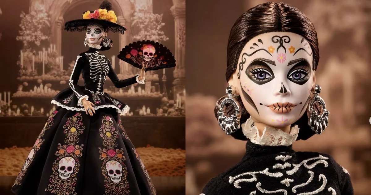 Boxed Barbie Día de Muertos 2026 Calavera Catrina doll wearing a voluminous black dress with skull motifs and floral appliqués