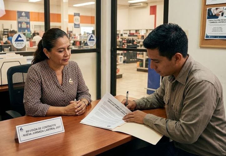 Illustration of office workers reviewing and signing labor contract documents at a desk