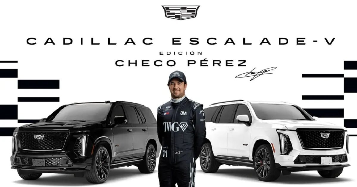 A black and a white Cadillac Escalade-V Checo Pérez Edition SUV with a man in a racing overall and cap standing between them