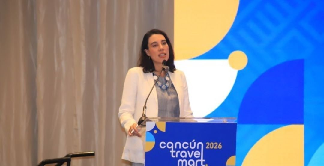 Mexico's Tourism Secretary Josefina Rodríguez Zamora speaks during the opening ceremony of the Cancún Travel Mart 2026 in Quintana Roo