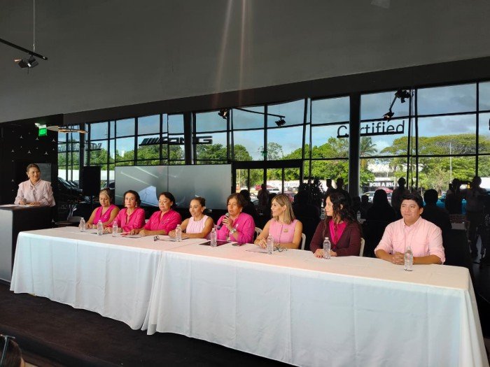 Walkers cross the Nichupté Bridge in Cancún during a charity event for breast cancer patients