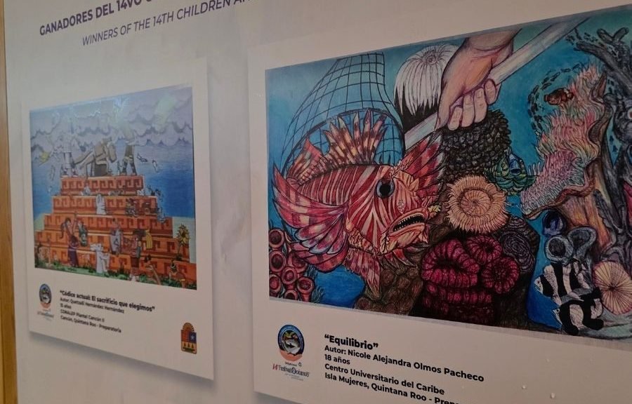 Children's drawings about climate change and ocean conservation on display at an environmental art exhibition in Cancún