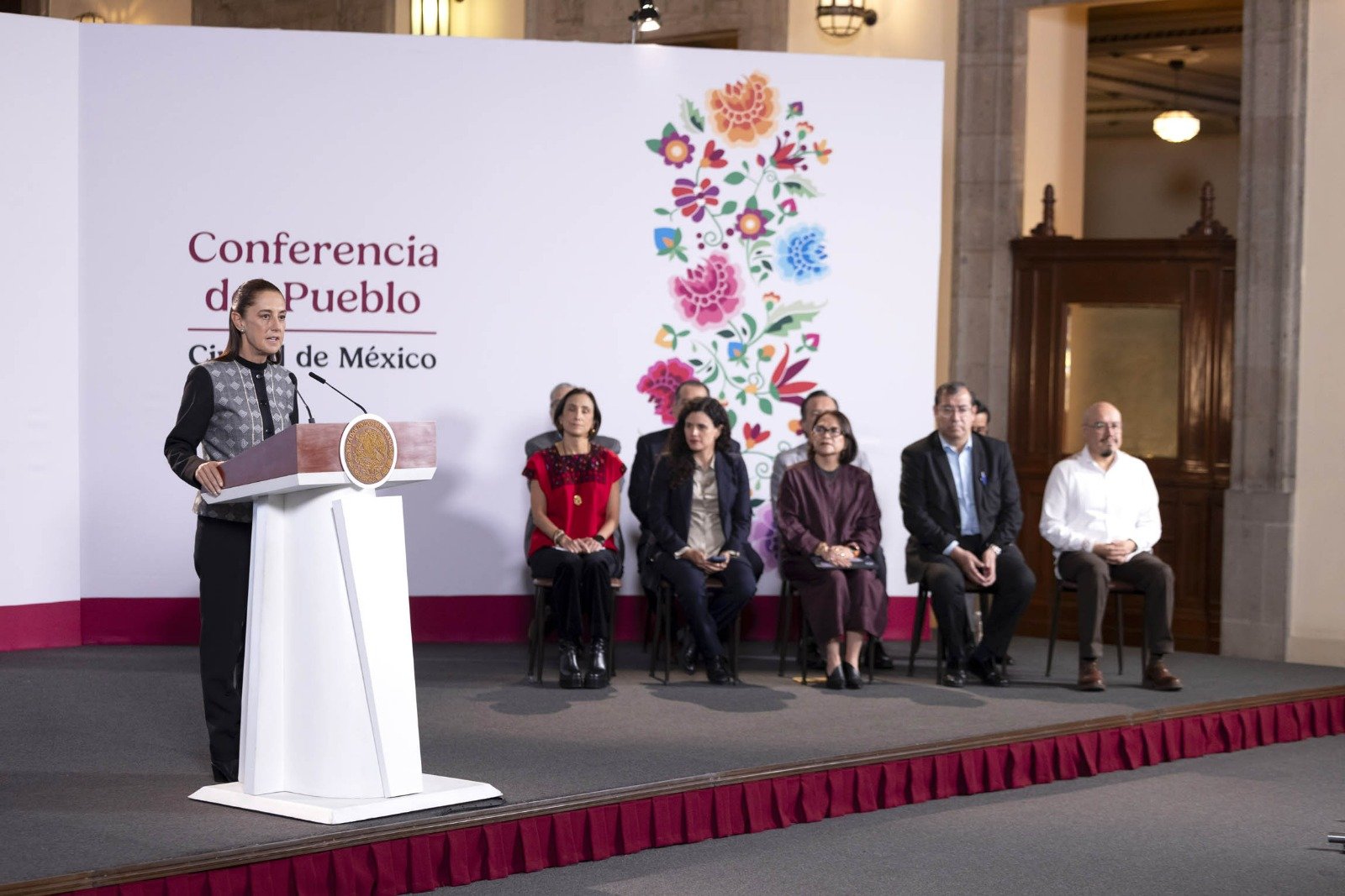 Mexican President Claudia Sheinbaum speaking during a morning press conference in Mexico City