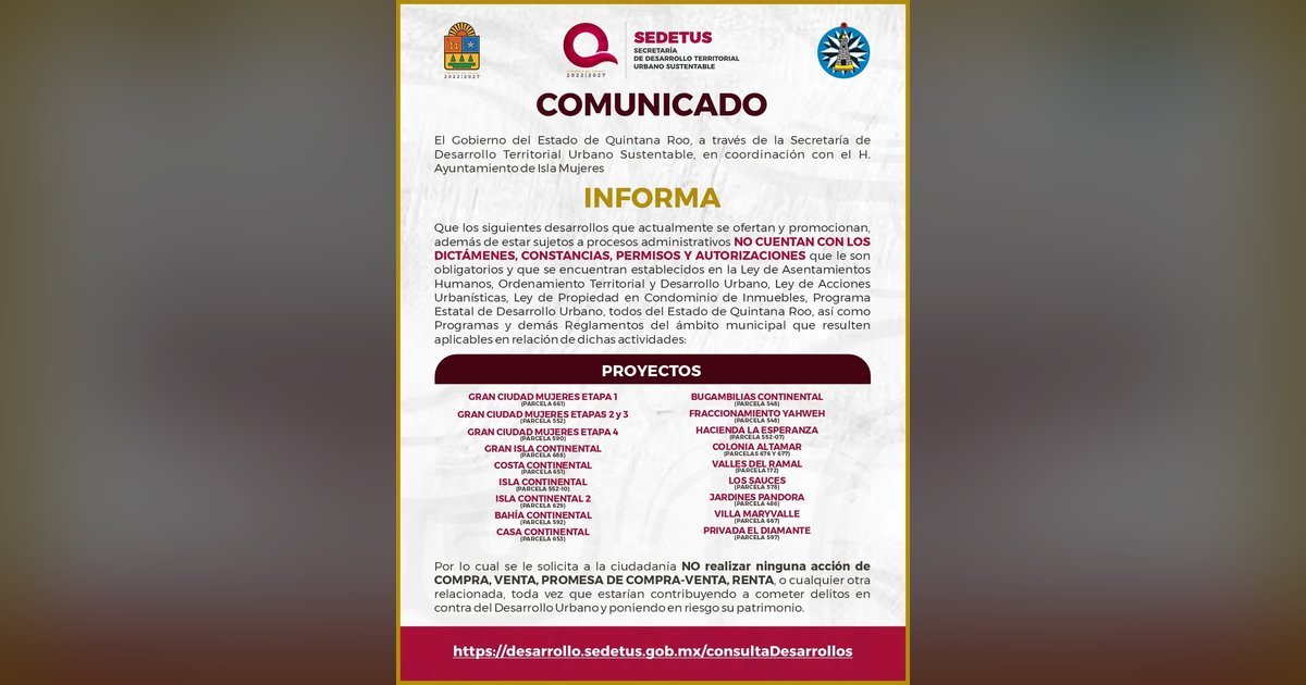 A public notice from SEDETUS, the Secretaría de Desarrollo Territorial Urbano Sustentable of Quintana Roo, listing real estate projects that lack required permits and authorizations.
