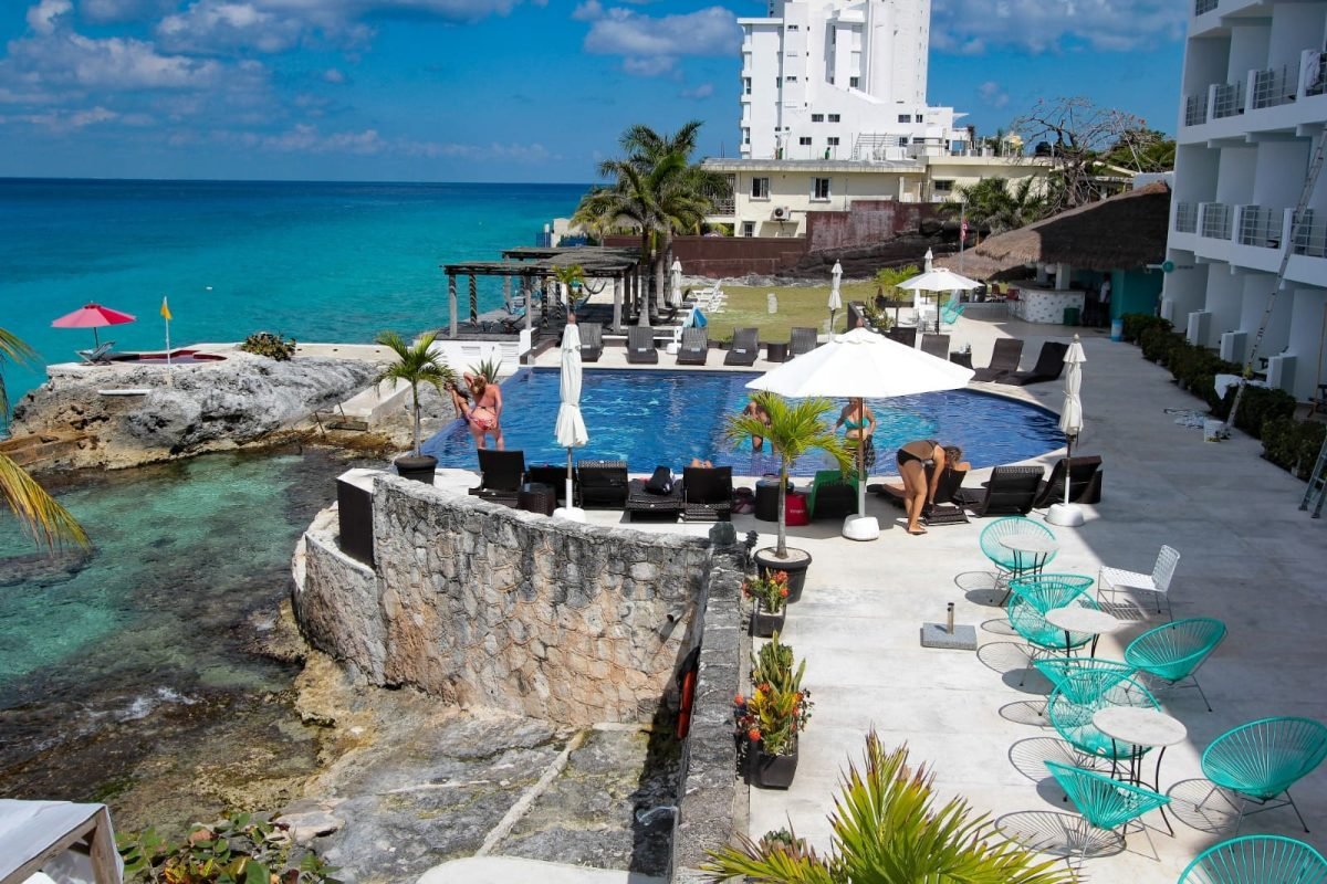 Beachfront resorts and turquoise water along the coast of Cozumel, Quintana Roo