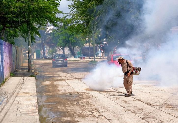 A health worker fumigates a neighborhood in Quintana Roo to control the Aedes aegypti mosquito that spreads dengue.