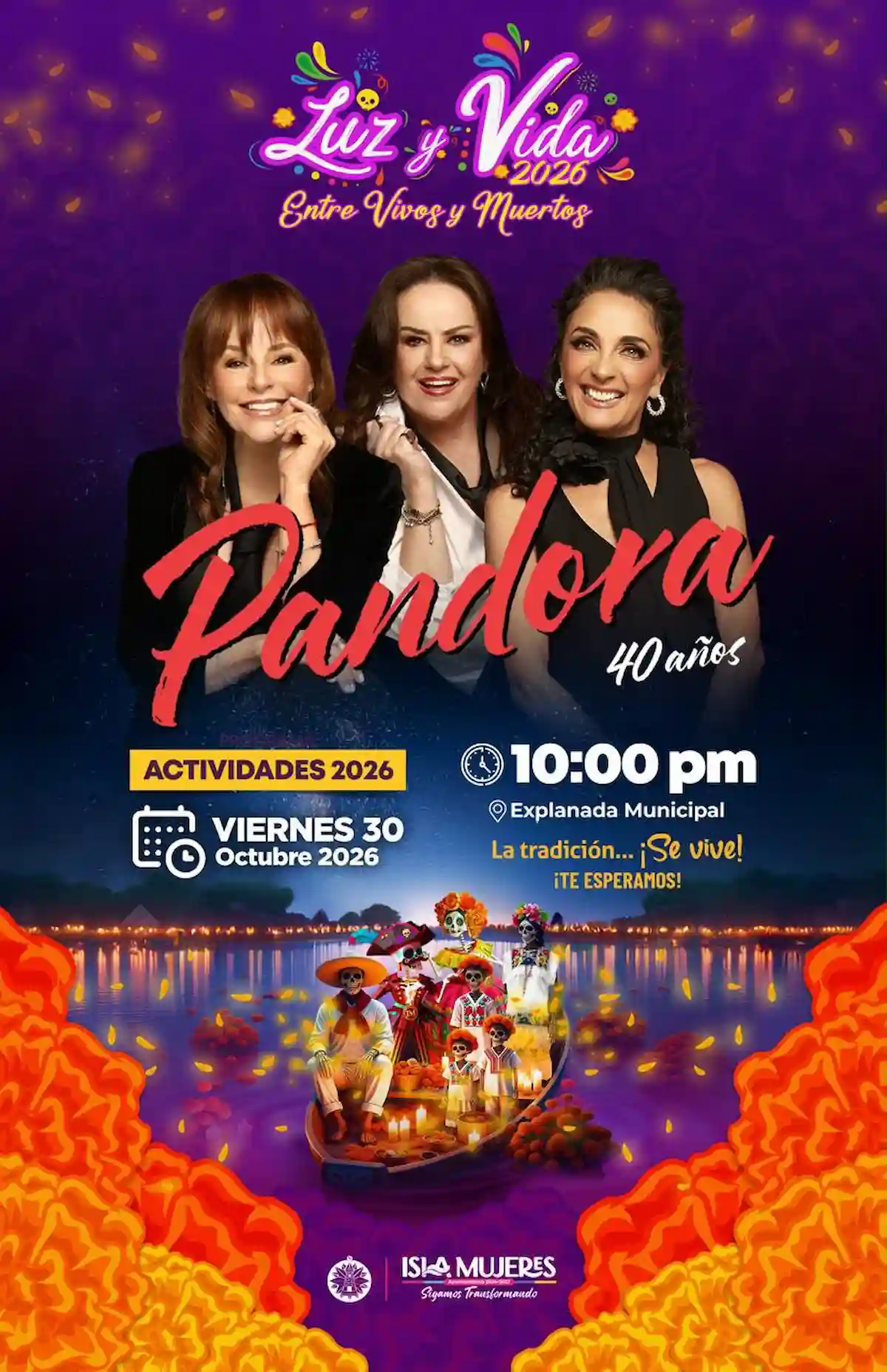 Poster-style image for the Luz y Vida 2026 festival in Isla Mujeres featuring Day of the Dead catrinas and a concert stage