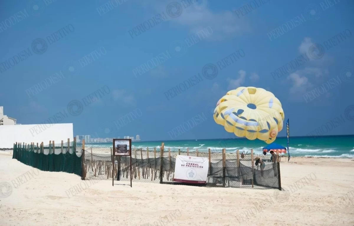 Heavy machinery and workers on the sand at Playa Delfines in Cancún during maintenance of an underwater fiber optic cable