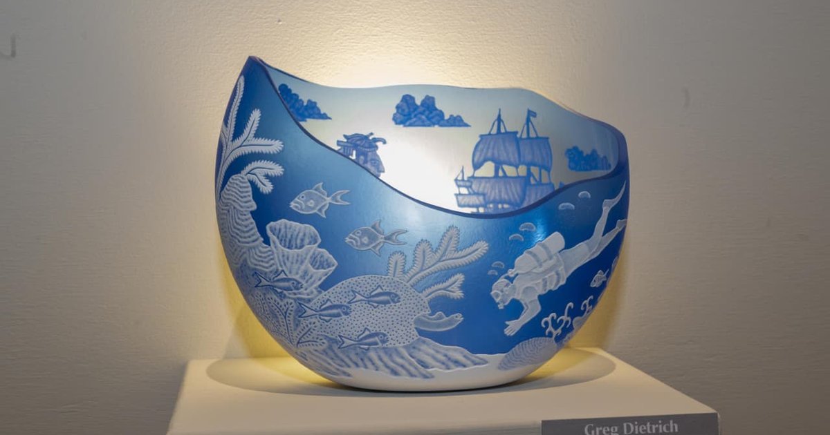 Artwork from Greg Dietrich's glass cameo exhibition on display at the Museo de la Isla in Cozumel