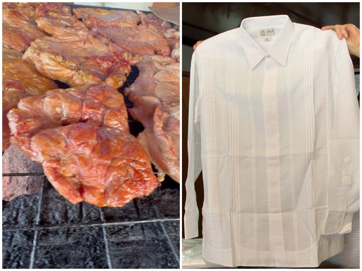 Traditional Yucatecan guayabera shirts displayed alongside smoked meat from Temozón