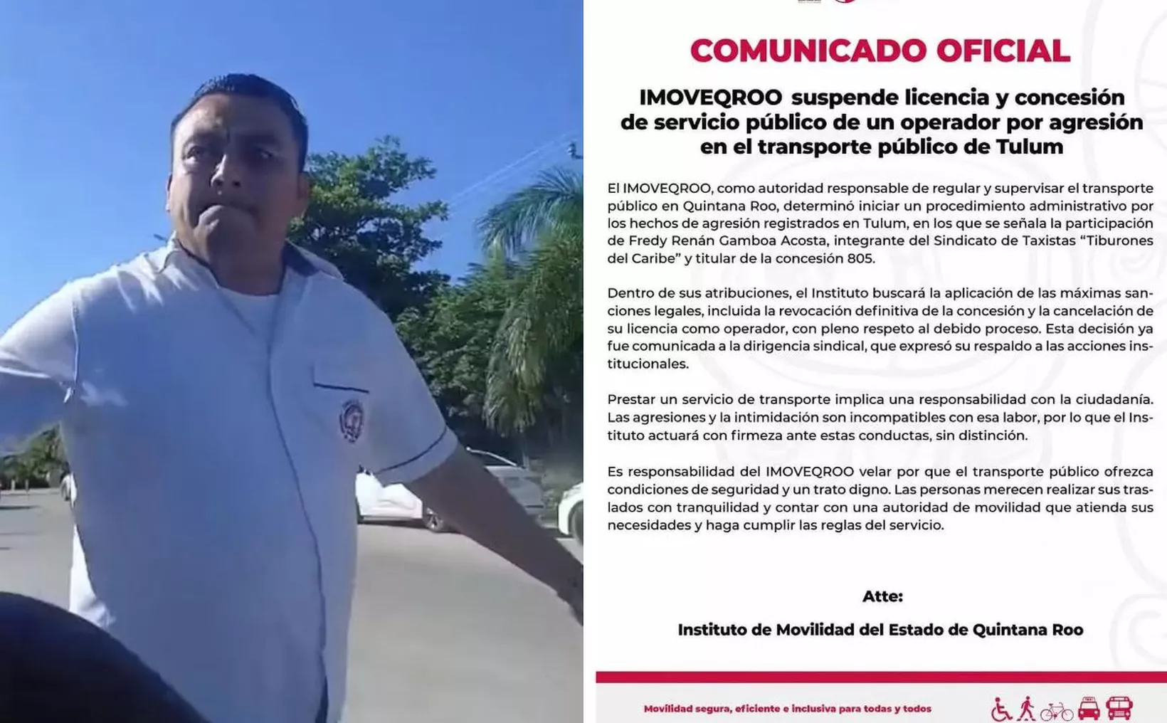 A split image showing a man in a white polo shirt outdoors on the left and a Spanish-language official statement from IMOVEQROO on the right.
