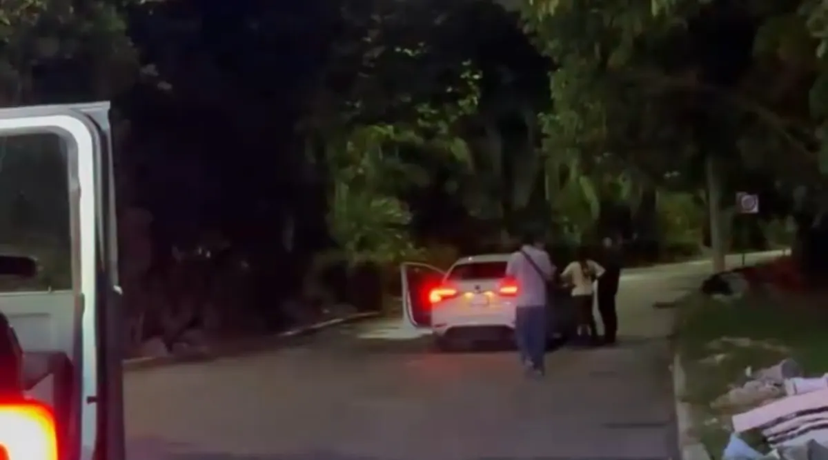A scene in the evening featuring two people near a parked car with one door open on a quiet street surrounded by trees.$# CAPTION