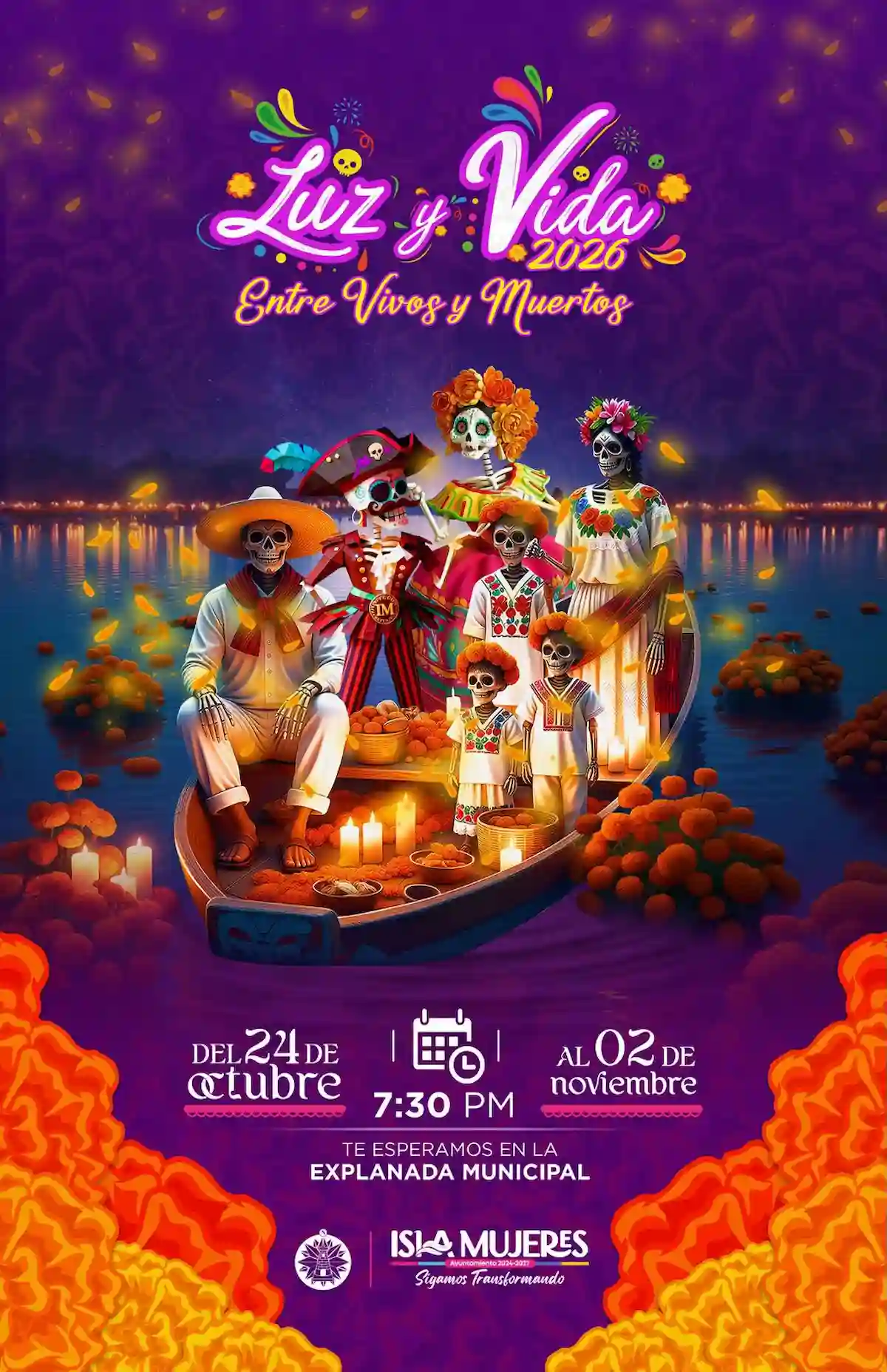 A colorful poster featuring skeletons in festive attire on a boat, celebrating Día de los Muertos with candles and flowers, surrounded by a vibrant atmosphere.-$# CAPTION