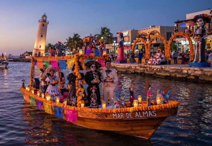 Decorated boats and catrinas prepared for the Mar de Almas Janal Pixan festival in Puerto Morelos