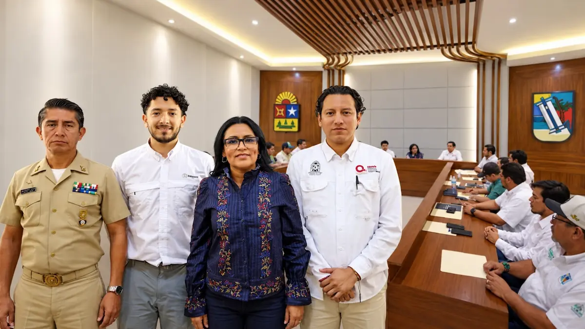 A group of four individuals posing for a photo in a meeting room, with others seated at a table in the background-22102026