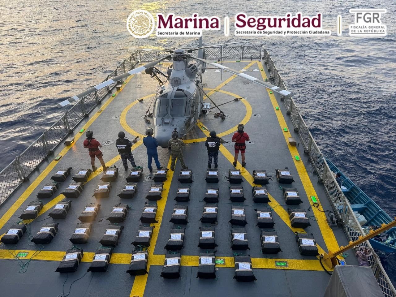 Packages of suspected cocaine seized by the Mexican Navy from a vessel in the Pacific Ocean south of Huatulco, Oaxaca