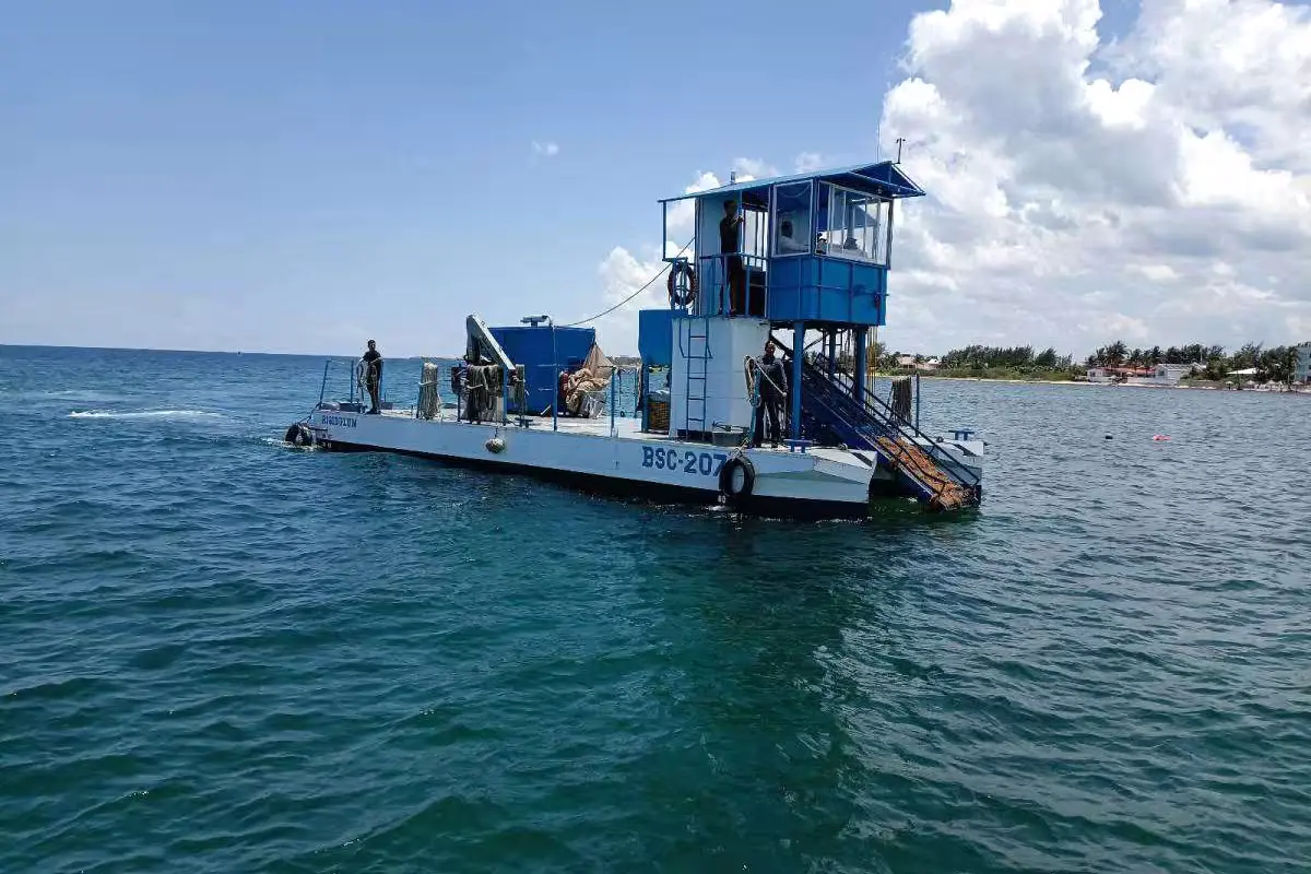 Mexican Navy vessels and dynamic barriers deployed offshore to collect sargassum near Tulum and Playa del Carmen in Quintana Roo
